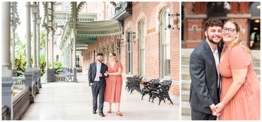 Photo on left of engaged couple walking and smiling at each other at the University of Tampa and right photo couple holding hands smiling at the camera. 