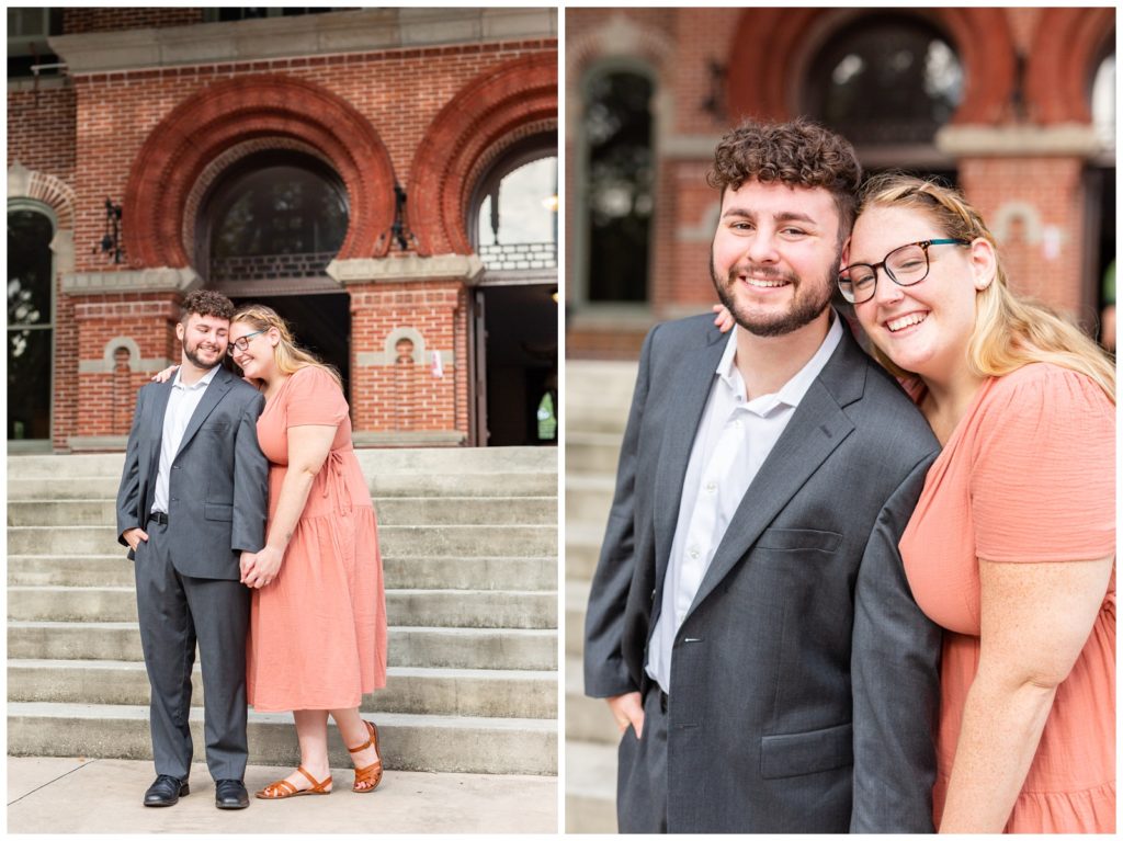 Couple holding hands on front of stairs at the University of Tampa in the left photo and couple laughing in right photo