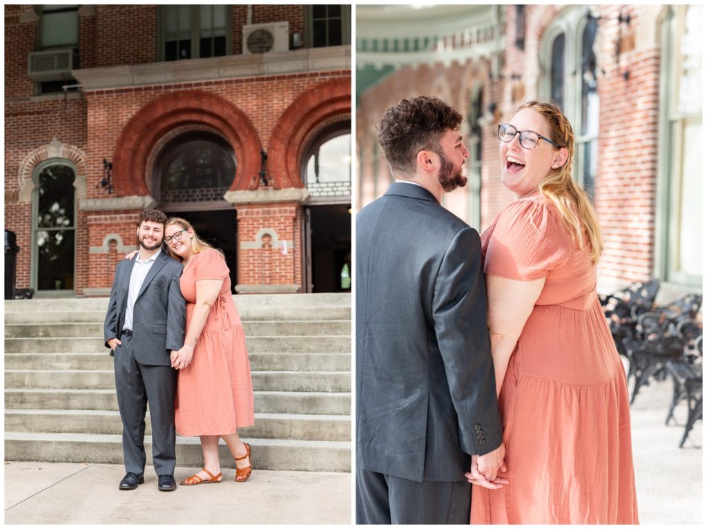Couple on left holding each other smiling at the camera and photo of right of future bride looking back towards camera smiling