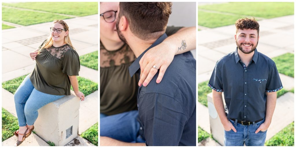 Left photo of future bride smiling at the camera, center photo of couple kissing with engagement ring shown, and right photo of future groom smiling at camera.