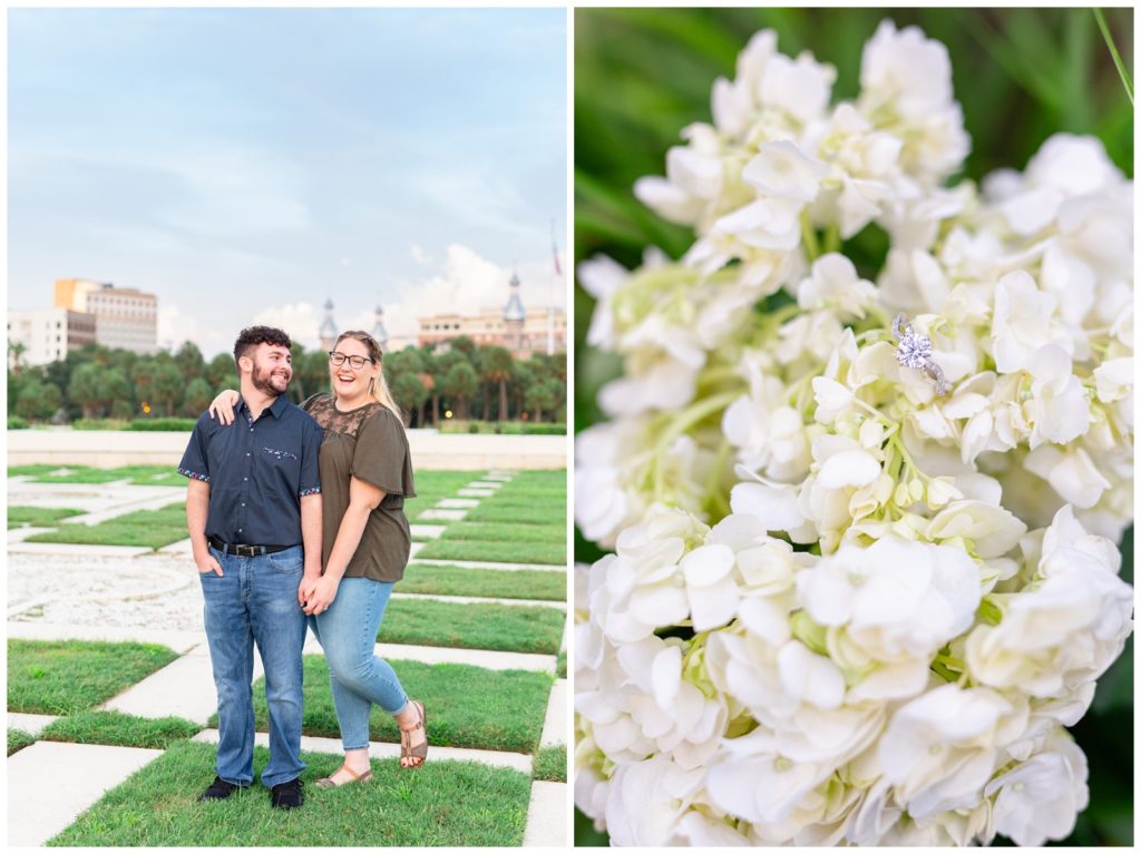 Photo on left of couple posing at Kiley Gardens and photo on right is an engagement ring shining on flowers.