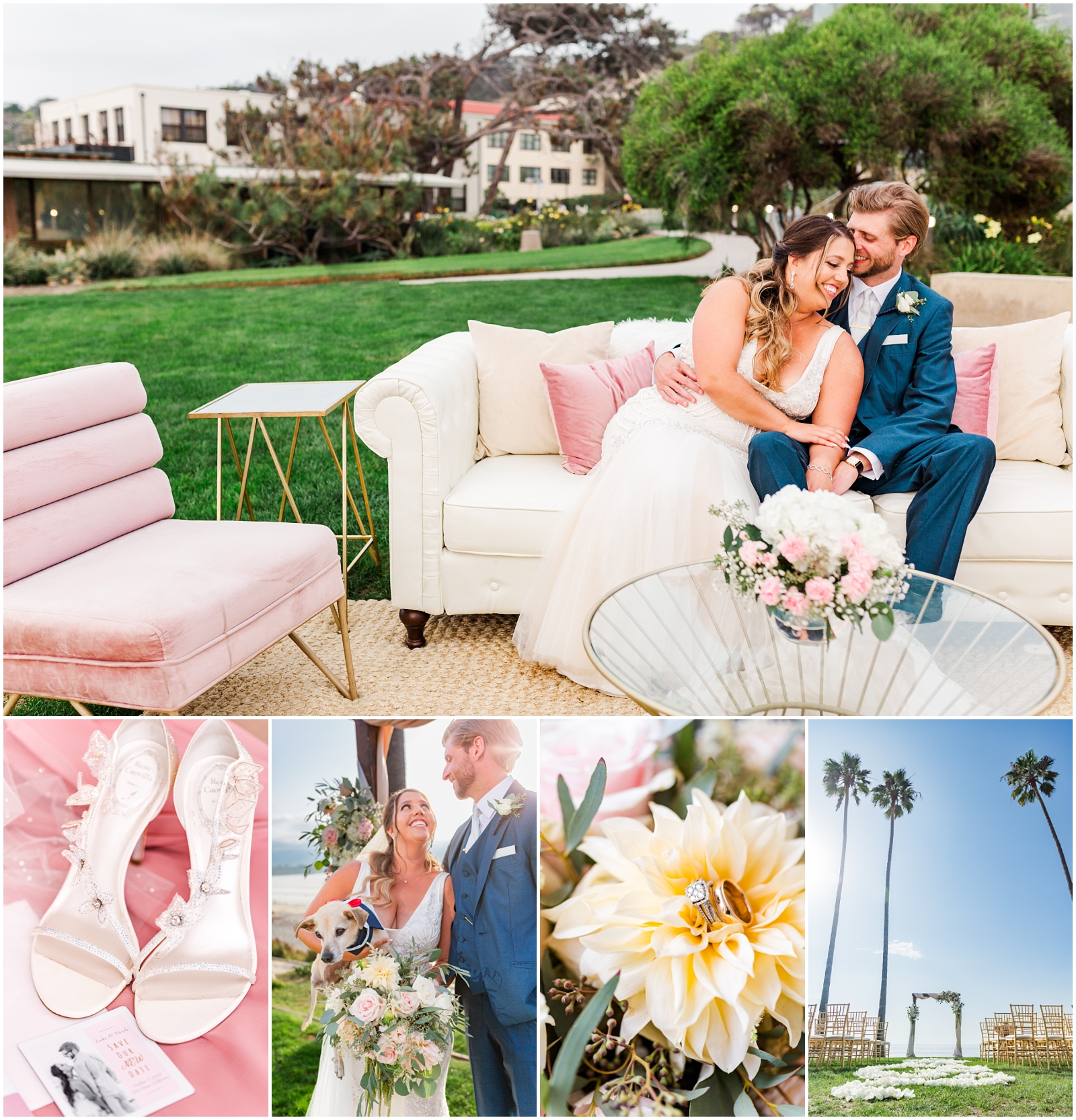 Collage of photos of bride and groom at California wedding