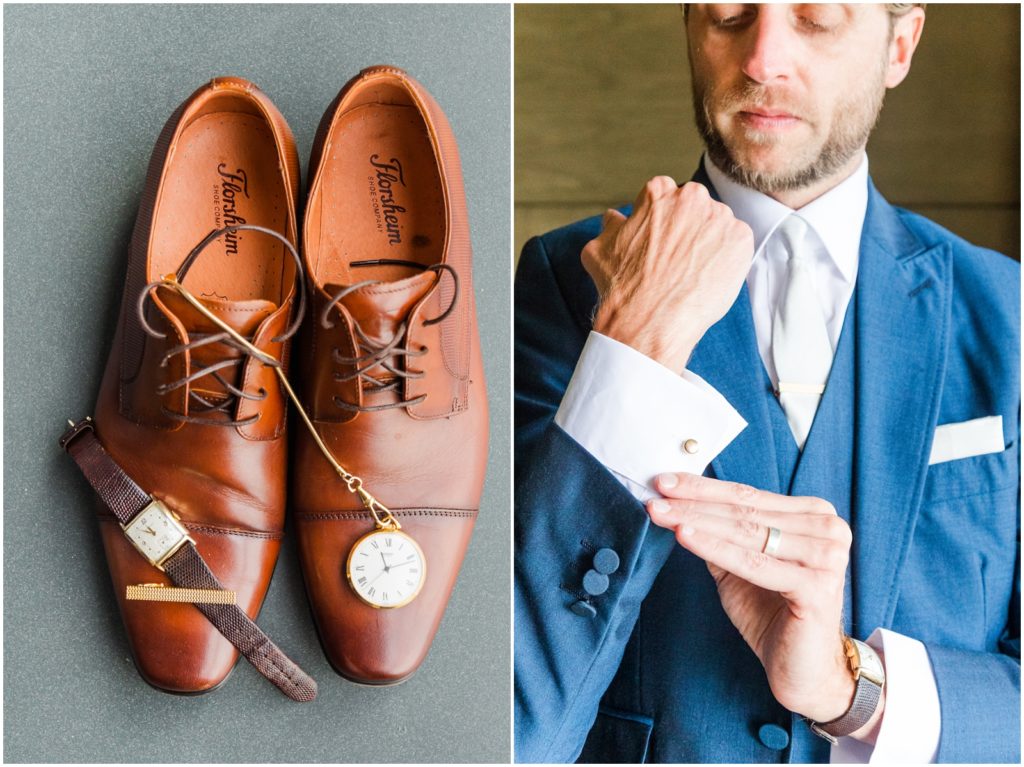 Detail portraits of groom and his watch and wedding shoes.