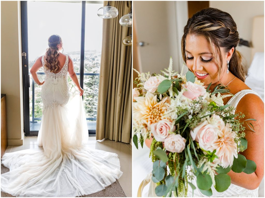 Left: Bride in her wedding dress looking out at San Diego California from her hotel room at Hotel La Jolla
Right: Bride sniffing rose in her wedding bouquet