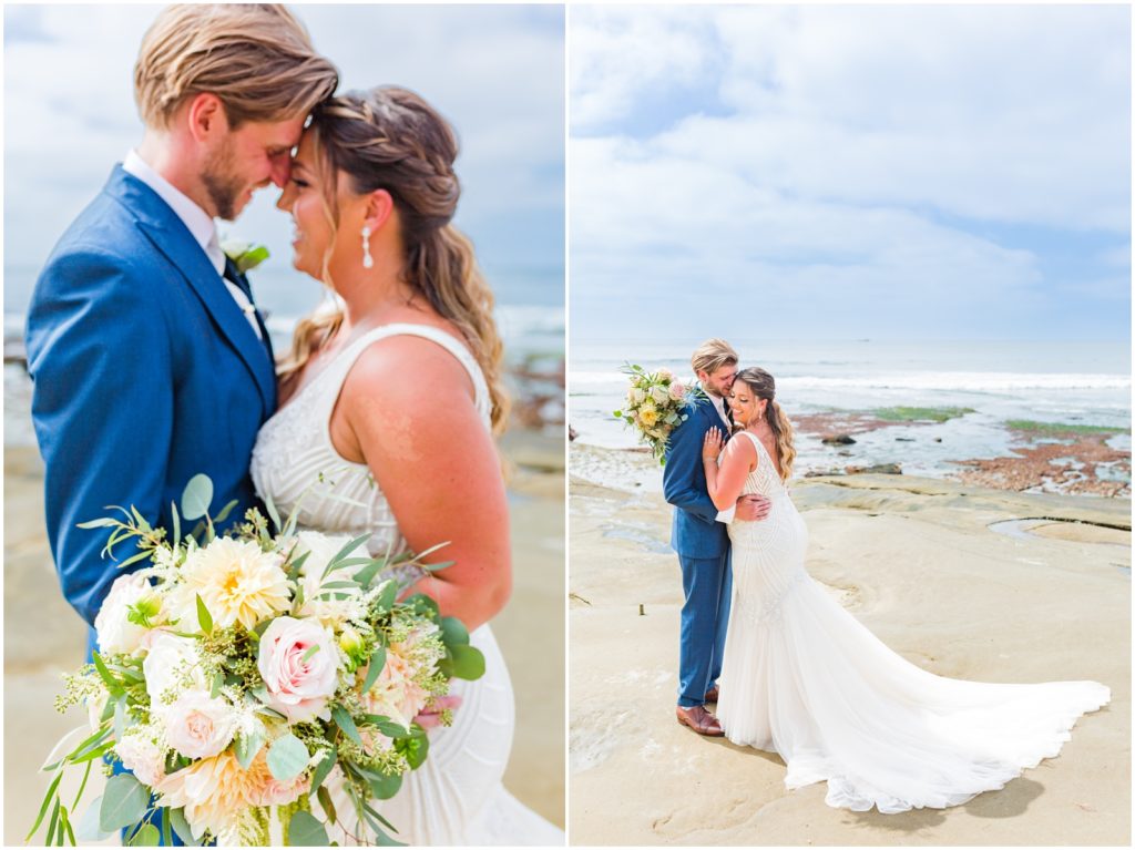 Left: Close up portrait of bride and groom with bouquet
Right Full portrait of bride and groom hugging with the ocean in the background