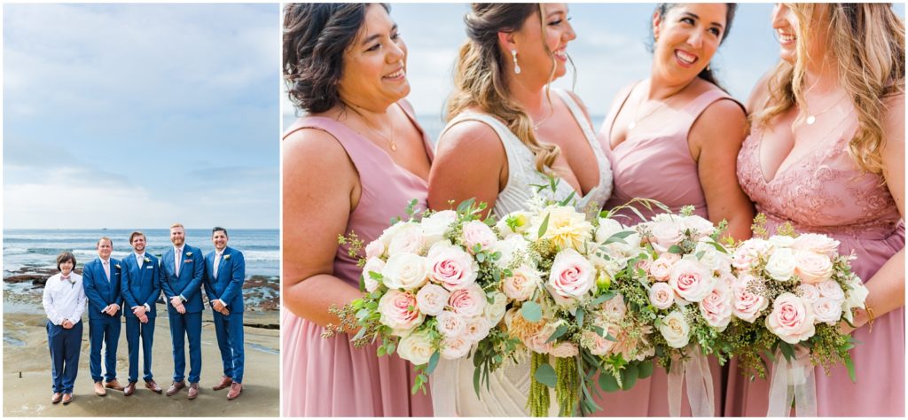 Left: Full portrait of groom with groomsmen with the ocean in the background
Right: Close up of bride with bridesmaids and their bouquets