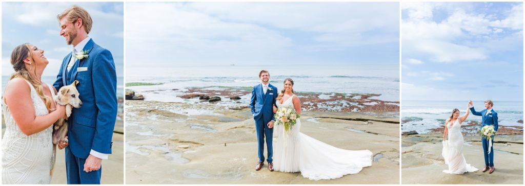 Left: Close up portrait of the bride and groom smiling at each other with their dog in the middle
Middle: Full portrait of bride and groom on the beach of La Jolla California
Right: Groom twirling bride as he holds her bouquet and she swishes her dress.