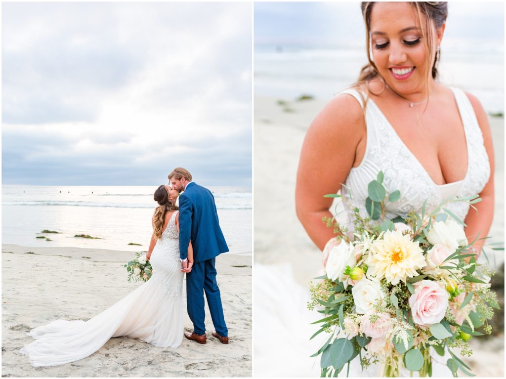 Left: Full portrait of bride and groom facing the ocean and sharing a kiss
Right: Bride looking at blush bouquet in portrait.