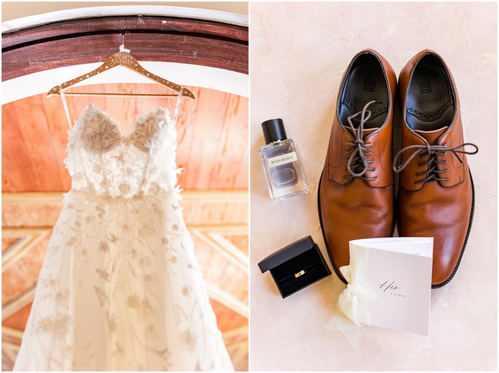 Left: Close up on wedding gown
Right: Groom's details including shoes, vow book, cologne and ring